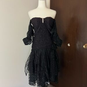 1980s Black and Purple Lace Off-Shoulder Cocktail Dress